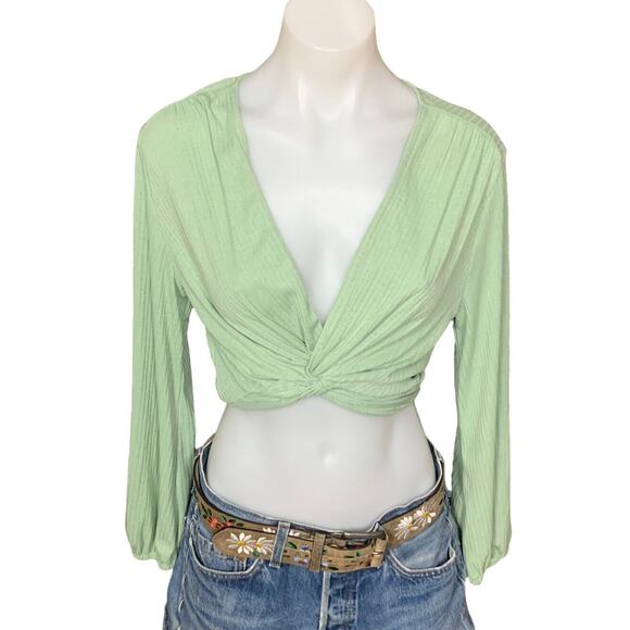 Pastel Green Twist Front Crop Top SMALL  Festival Balloon Sleeves  Plunging  NEW - Picture 1 of 5